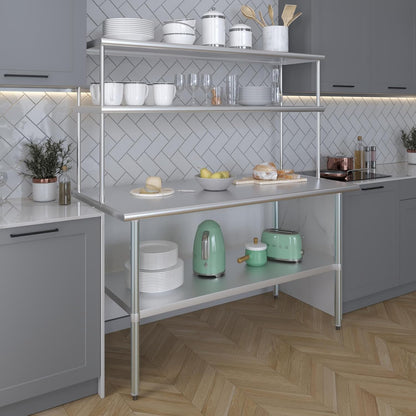 Amgood Stainless Steel Work Table Double Tier Overshelf | Metal Kitchen Prep Table & Shelving Combo (30" x 60" Work Table + 18" Overshelf)