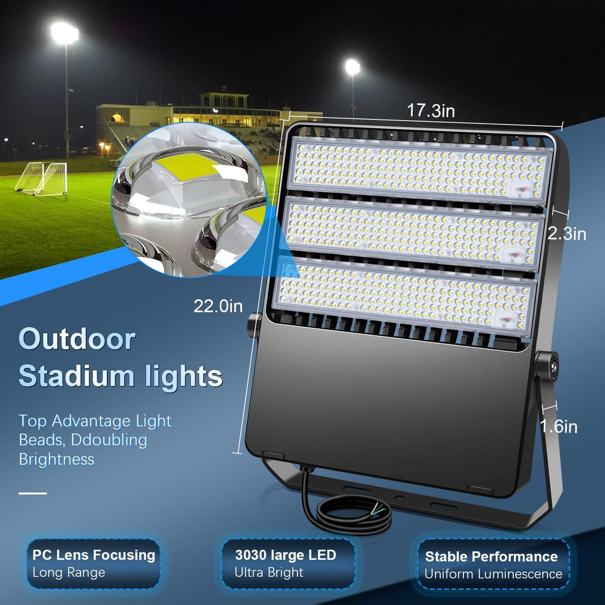 Stadium Lights Outdoor LED, Super Bright 50800 Lumen Stadium Flood Light 5000K 360W Commercial Arena Field Lighting Security IP65 Waterproof Exterior Floodlight for Yard Sport and Court