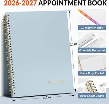 SUNEE 2026-2027 Appointment Book, Quarter-Hourly, Weekly & Monthly - from July 2026 to June 2027, 8.5"x11" Academic Planner, Flexible Cover, Note Pages, Bookmark, Spiral Binding, Blue
