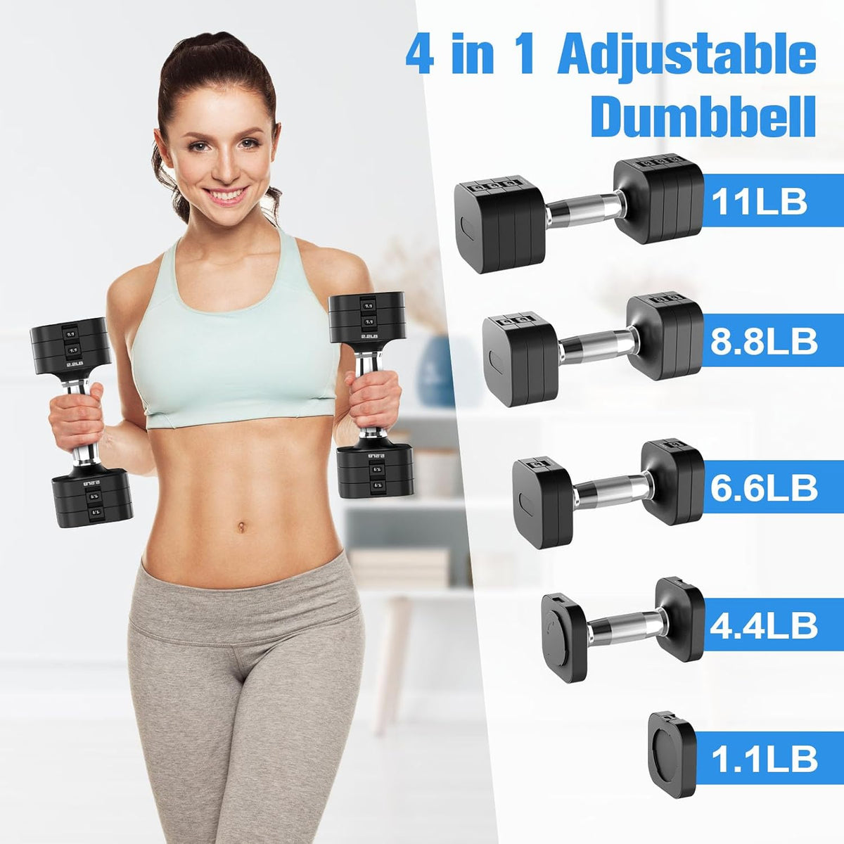 22LBS Adjustable Dumbbells Set, Adjustable Weight Dumbbells with 4 Levels 4.4lb, 6.6lb, 8.8lb, 11lb, Hand Weights Sets for Women/Men Home Gym Full Body Workout