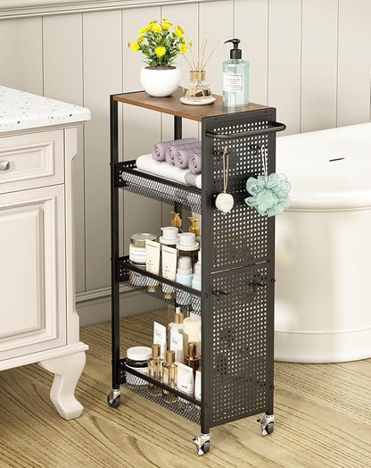 Utility Slim Storage Cart 4 Tier Small Rolling Kitchen Laundry Room Organization Cart with Wood Top Metal Narrow Laundry Room Shelves Cabinet Unit Laundry Organizer Trolley with Handle for Small space