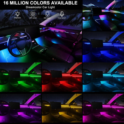 Dream+Color Acrylic Interior Car LED Strip Light with Wireless APP, RGB 18 in 1 with 175 inches 593 LEDs Fiber Optic Strip Lights for Car, Dynamic Chasing Music Sync Neon Ambient Lighting Kits