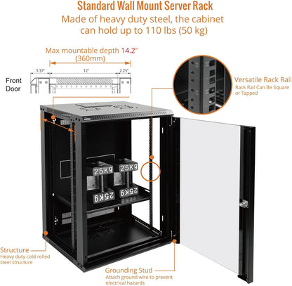 Tecmojo 15U Wall Mount Rack Network Cabinet for 19" IT Equipment,with Lockable Glass Door and Side Panels,Cooling Fan,17.7inch Depth,Black (15U)
