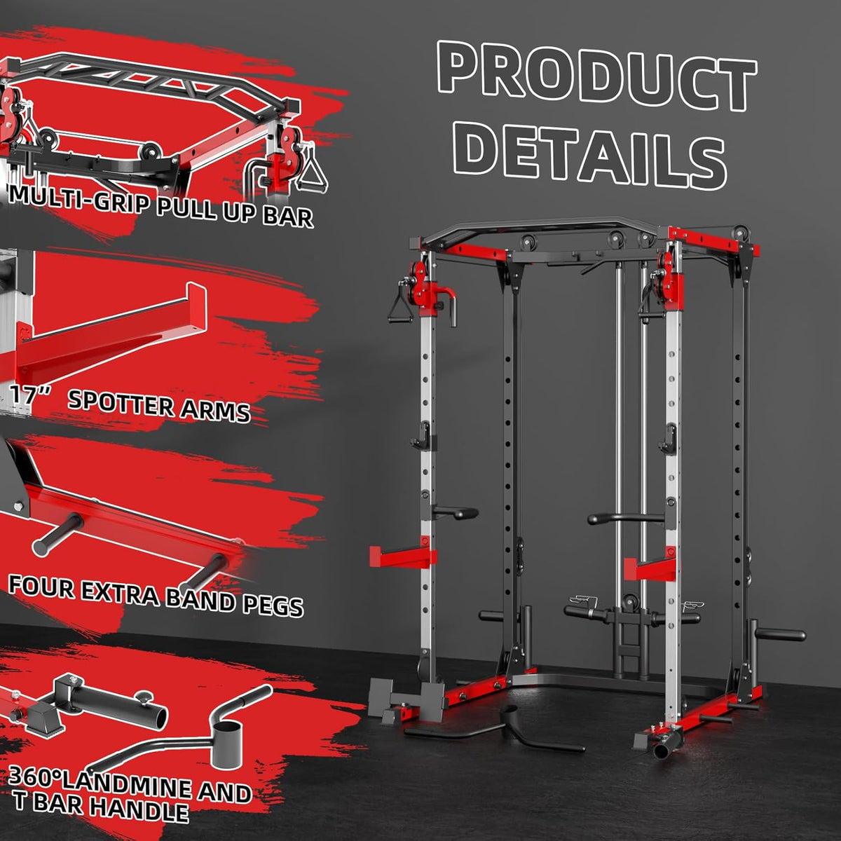 Smith Machine, Power Rack with LAT Pulldown System, Power Cage with Cable System, Squat Rack for Home Gym with Chest Press Machine, Spotter Arms, Leg Curl Attachment and More