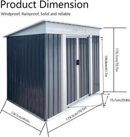6x4 FT Outdoor Storage Shed with Sloping Roof, Waterproof Metal Garden Sheds w/Lockable Sliding Doors and Vents, Weather Resistant Tool Storage House for Backyard, Patio, Lawn, Grey