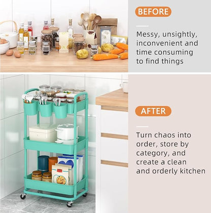 JIUYOTREE 3-Tier Plastic Rolling Storage Cart Utility Cart with Extra Hanging Cups Handles Lockable Wheels for Living Room Bathroom Kitchen Office Green