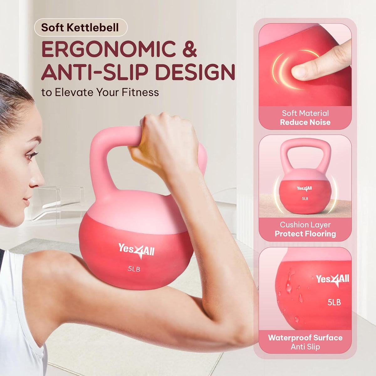 Yes4All Soft Kettlebell, PVC Kettlebells Exercise Weights & Color-Coded Strength Training Kettlebells with 4 Options (5,10,15,20lb), Gentle Hand Weights for Women at Home