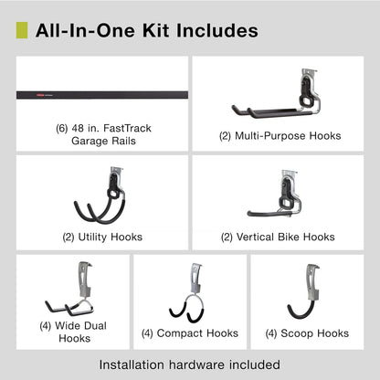 Rubbermaid 24-Piece FastTrack Garage Wall-Mounted Storage Kit, 6 Rails and 18 Hooks, Black, for Home/House/Tool/Sports/Equipment/Utility Purposes