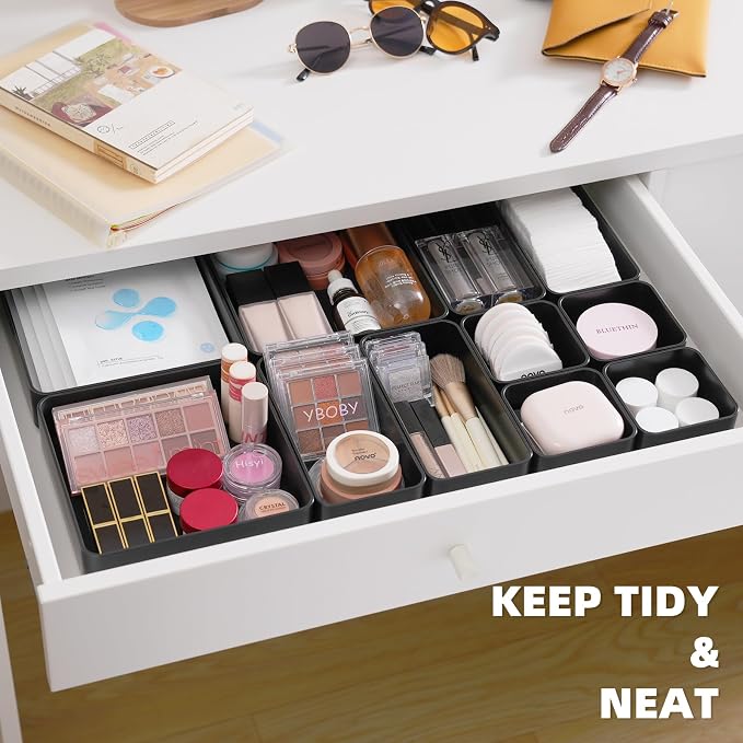 11-Piece Stackable Drawer Organizer Set, Multi-size Desk Drawer Organizer Trays Vanity Storage Bins for Storing Makeup, Stationery, Utensils in Bathroom Dresser, Office and Kitchen