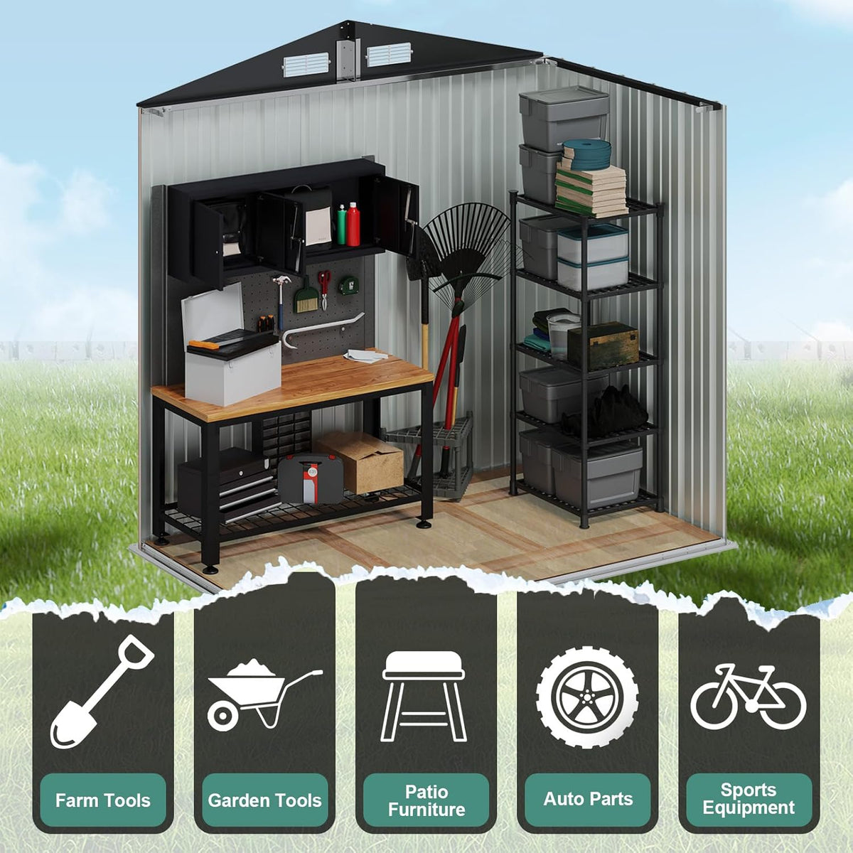 6x4 FT Outdoor Storage Shed with Lockable Double Doors & Loping Roof, Outdoor Metal Shed for Bike, Tool, Generator Storage in Backyard, Patio (6’x4’)