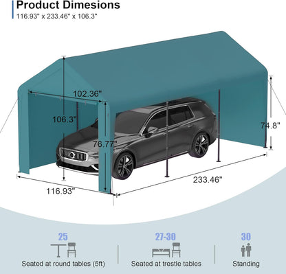 Carport 10x20 Heavy Duty Portable Garage w/Removable Sidewalls & Roll-Up Door Car Canopy Party Tents Waterproof UV Resistant All Weather Car Port for Trucks,Boats(Green)