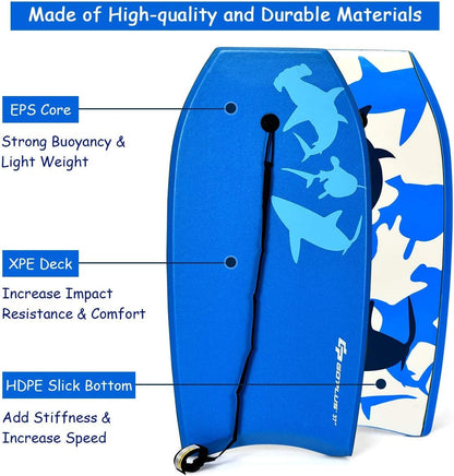Goplus 41''/37''/33'' Lightweight Body Board for Beach, Surf Board with EPS Core, XPE Deck, HDPE Slick Bottom, Wrist Leash, Bodyboard for Kids Adults Surfing