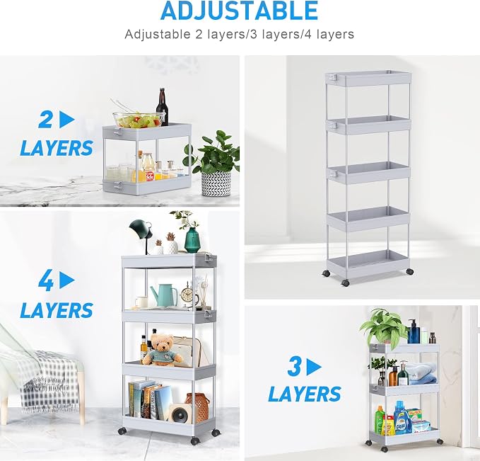 SPACEKEEPER 5-Tier Rolling Cart, Bathroom Storage Organizer Utility Cart, Mobile Shelving Unit Slide Out Shelves for Kitchen Living Room Laundry Room & Dressers,Gray