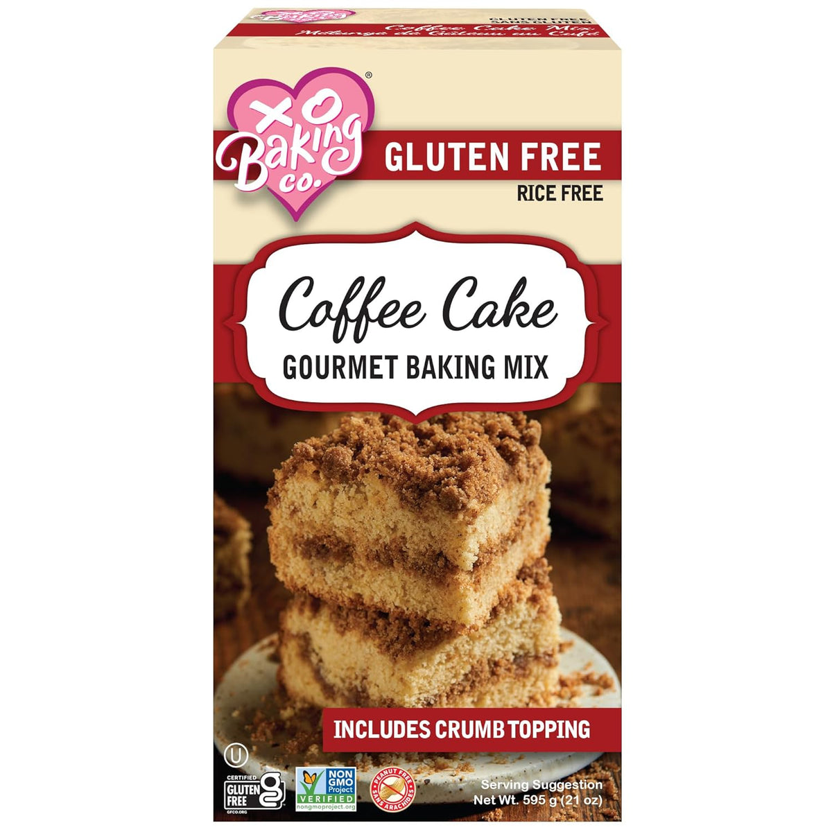 XO Baking Co. Gluten Free Coffee Cake Gourmet Baking Mix with Crumb Topping; Non-GMO; Kosher; Rice Free; Soy Free; Dairy Free; Peanut Free; No Preservatives; No Artificial Flavors or Colors, 21oz