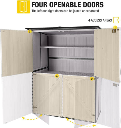 Aivituvin Storage Shed Outdoor Storage Cabinet Upgraded with All Arounded Metal Frame, Wooden Floor and Adjustable Shevels 55" L x 29" W x 67" H, Off-White