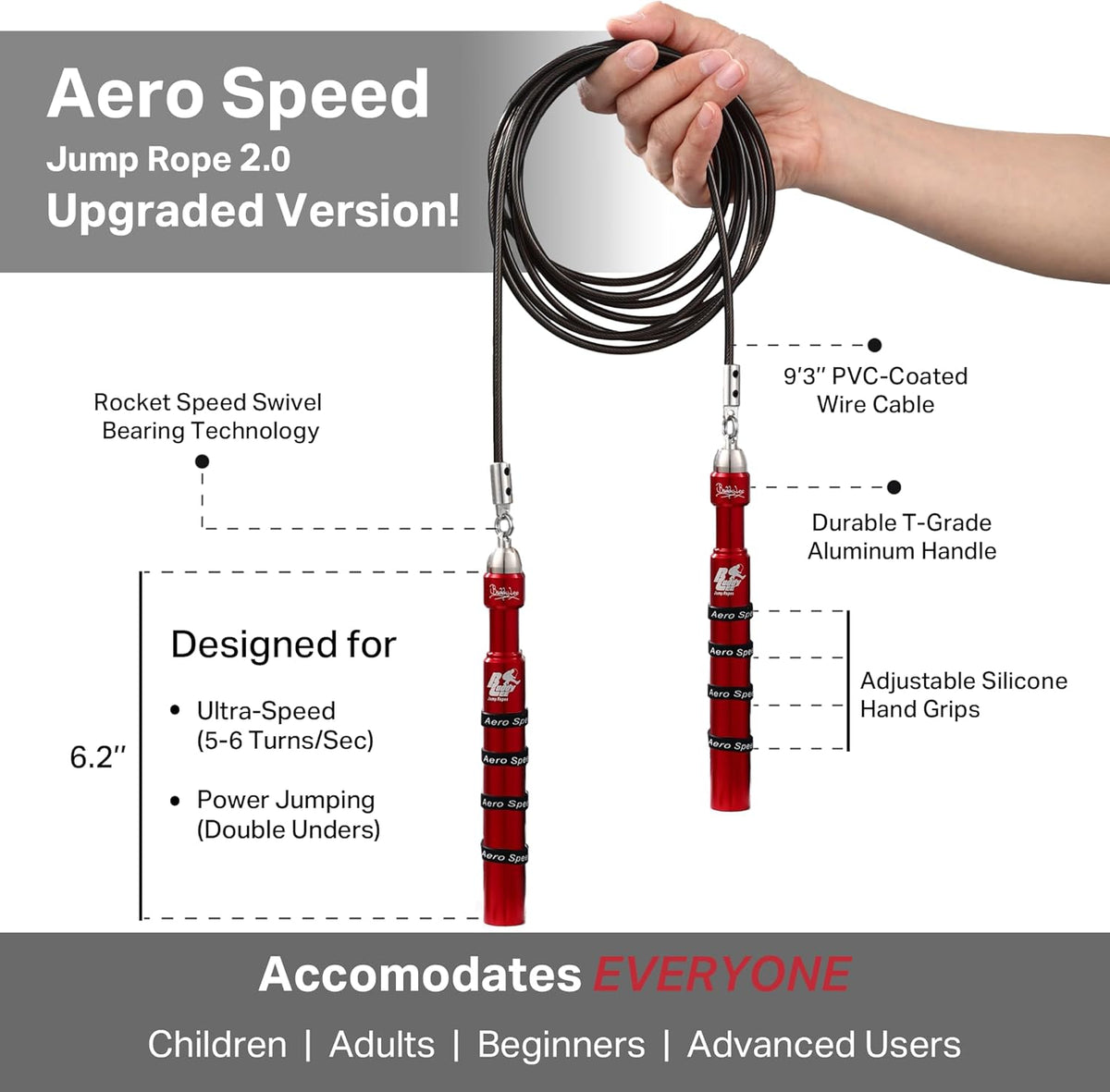 Buddy Lee Aero Speed Jump Rope 2.0 Upgraded Version with Sonic Rocket Speed Swivel Bearing | Tangle-Free & Adjustable Jump Rope for Men & Women - For Fitness, Double-Unders, and Cross-Training