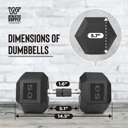WF Athletic Supply Rubber Encased Hex Dumbbells with Rubber Grip Contoured Handle for Muscle Toning, Strength Building & Full Body Workout