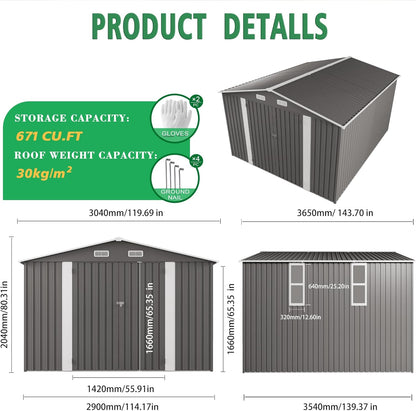 10x12 FT Outdoor Storage Shed with Windows, Metal Sheds & Outdoor Storage with Lockable Door and 4 Vents, Outside Storage Shed Waterproof for Backyard, Garden, Patio, Gray