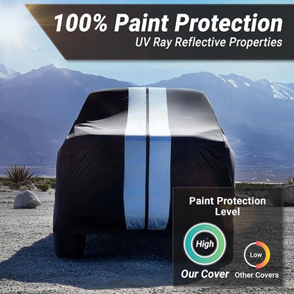 iCarCover Premium Heavy Duty Truck Car Cover - Waterproof All Weather Rain Snow UV Protection, Ram 1500, 2500, 3500, Mega cab 6'4" Standard Bed, Size T89 (See Size Chart), Stripe - Black/Gray