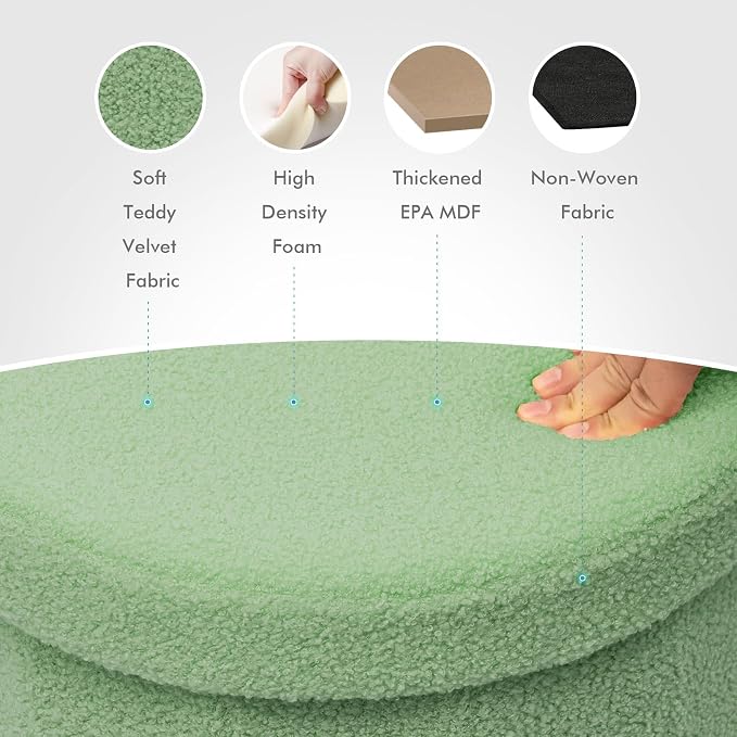 B FSOBEIIALEO Storage Ottoman Cube, Round Ottomans with Storage Foot Stool Footrest for Lving Room, Boucle Ottoman Seat for Dorm Room,Faux Teddy Fur, Green 15"x15"x13.19"