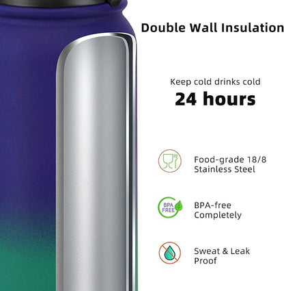 Fanhaw 20 oz Insulated Stainless Steel Water Bottle with Anti-Dust Chug Lid & Carabiner Lid, Leakproof Vacuum Metal Bottle for Kids, Teens & Adults, Back to School Essentials (Purple Green)
