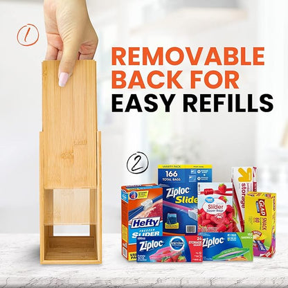 mHomeAid Bag Storage Organizer - Bamboo Food Plastic Baggie Holder, Dispenser, and Container for Kitchen Drawer - Fits Ziplock and Ziploc Gallon, Quart, Sandwich & Snack Sized Slider Bags (Bamboo)