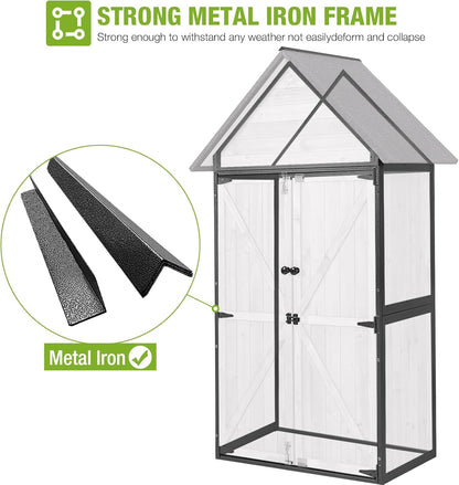 GUTINNEEN Sheds Outdoor Storage Wooden Garden Tool Shed with Metal Frame Sloped Roof and Adjustable 3 Tiers Shelves Outdoor Storage Cabinet for Backyard Garden Patio Lawn 67.1"(Off White)