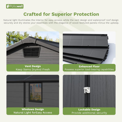 Patiowell 6x10 FT Outdoor Plastic Storage Shed with Floor - Lockable Resin Tool Shed, 2 Windows, Easy Assembly for Garden/Backyard (Dark Grey)