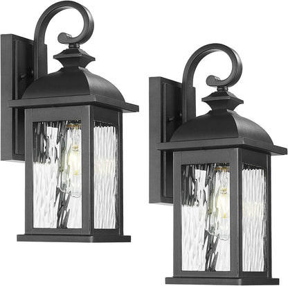 FEMILA 2 Packs Outdoor Waterproof Wall Lights Fixture, 15" Wall Lantern for Porch, Anti-Rust Matte Black Finish with Water Ripple Glass,4FD54B-2PK BK-WP