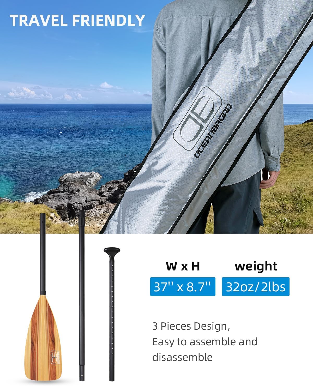 OCEANBROAD SUP Paddle - Adjustable Stand-Up Paddle for Paddleboard Kayak, Adjustable Aluminum Alloy Shaft with Reinforced Nylon Blades