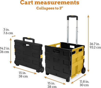 Inspired Living Ultra-Slim Rolling Collapsible Storage Pack-N-Roll Utility-carts, with Telescopic Handle, for Home, Garden, Shopping, Office, School use, Medium, Yellow & Black