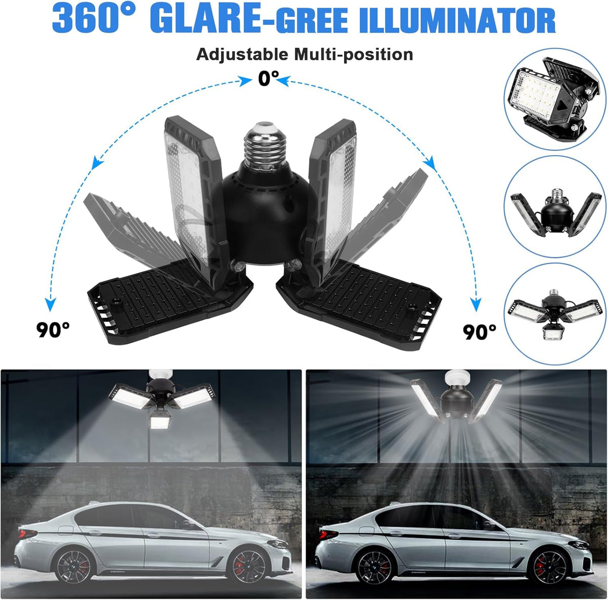 LED Garage Lights - 1 Pack, 80W, 8000LM 6500K Shop Light with 3 Deformable Panels, Basement Barn Light, E26/E27 for Shop, Warehouse, Basement