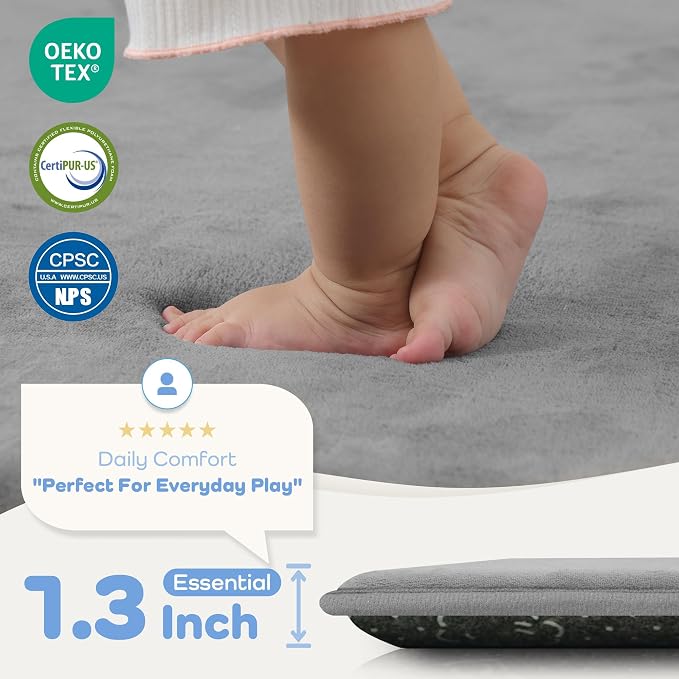 1.3" Thick Baby Floor Play Mat 79x158, Basic Padded Foam Mat for Tummy Time Crawling, Non Slip Cushioned for Babies Toddlers Infants Kids (Light Grey)