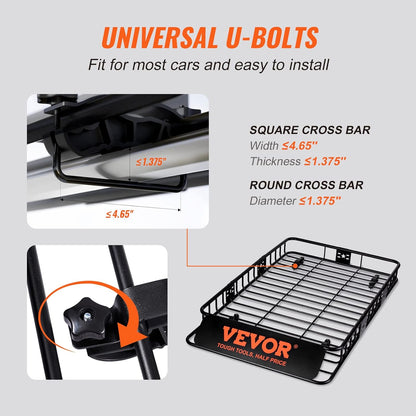 VEVOR Roof Rack Cargo Basket, 64" x 39" x 6" Rooftop Cargo Carrier with Extension, Heavy-Duty Steel 200 LBS Capacity Universal Roof Rack Basket, Luggage Holder for SUV, Truck