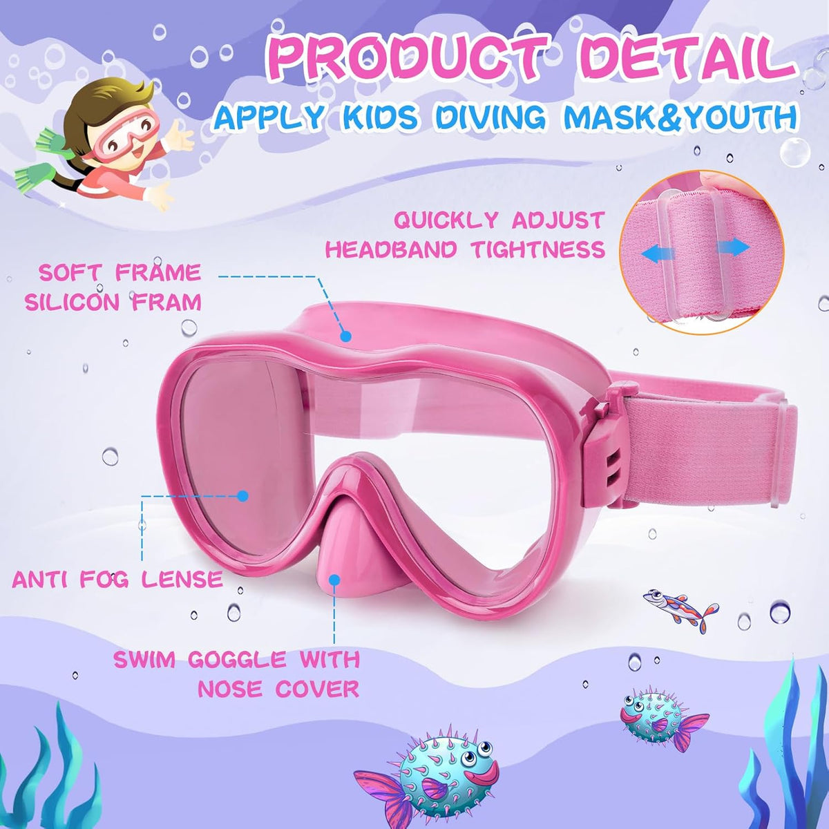 Kids Swim Goggles with Nose Cover, Anti-Leak Swim Mask with Elastic Fabric Strap, UV Protection Swimming Goggles for Kids