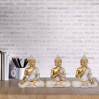 Buddha Statue for Home Decor Gold 4.3'' Set of 3-Small Buddha Statues for Zen Decor-Table Desk Spiritual Decor-Buddha Decor for Living Room-Indoor Buddha Gift for Relaxation, Meditation or Shrine