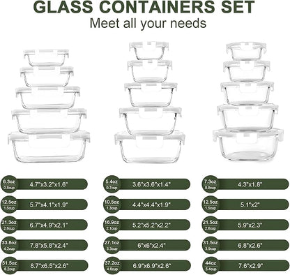 KOMUEE 30 Pieces Glass Food Storage Containers Set, Glass Meal Prep Containers Set with Snap Locking Lids, Airtight Glass lunch Containers, Microwave, Oven, Freezer & Dishwasher,White