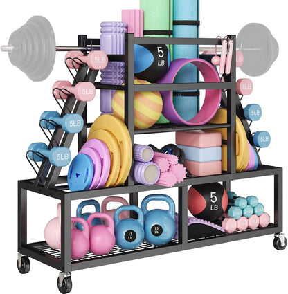 Dumbbell Rack Weight Rack Storage-Large Dumbbells Rack Home Gym Storage,Multilevel Workout Storage Organizer with Wheels and Barbell Holder,Perfect for Yoga Mat Balls Kettlebells and Fitness Gear,black