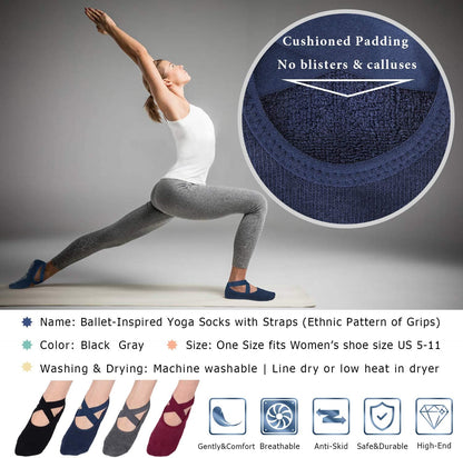 Ozaiic Yoga Socks for Women Non-Slip Grips & Straps, Ideal for Pilates, Pure Barre, Ballet, Dance, Barefoot Workout