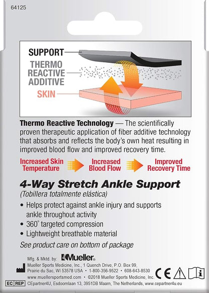 Mueller Sports Medicine FIR 4-Way Ankle Support Sleeve, Ankle Pain Relief Support for Men and Women, Ideal for Sprains, Strains, Arthritis, Black/Blue
