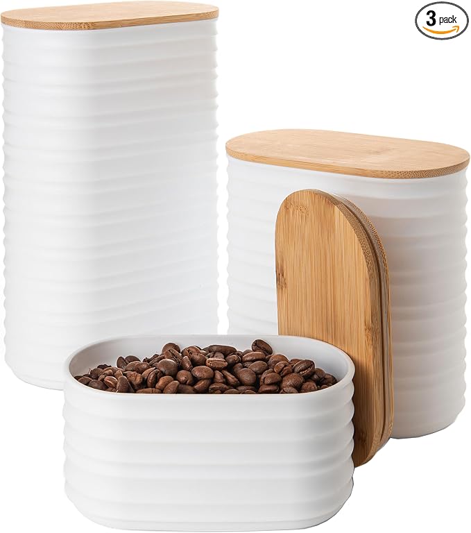 Mixpresso White Canisters Sets for the Kitchen – 3-Piece Airtight Plastic Sugar Container Set with Bamboo Lids in Three Different Sizes – Decorative Modern Storage Jars for Coffee, Tea & Countertops