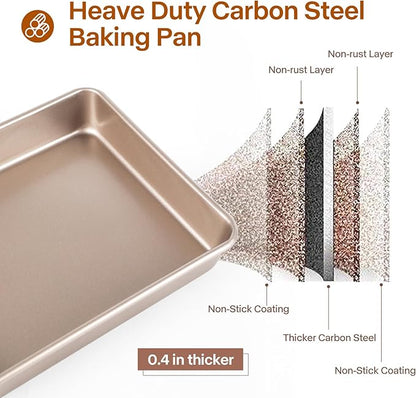 Deep Baking Pans Set, 3-Pieces Rectangle Cake Pan, Nonstick Roasting Pans Set for Thanksgiving Christmas, 9/11/13 Inch, Toaster Oven Tray Bakeware Set, Lasagna Pan Deep Size, Heavy Duty, Gold