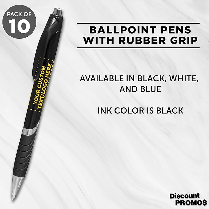 DISCOUNT PROMOS Ballpoint Pens With Rubber Grip - 10 pack - Customizable Text, Logo - Black Ink Ball Point Pen with Soft Touch Plastic - Black