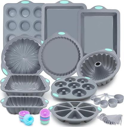 To encounter 51 Piece Silicone Baking Pan Set, Non-Stick Bakeware Set with Baking Pans, Reusable Donut Mold, Food-Grade Silicone Molds for Cakes, Cookies, Muffins, Bread, Light Grey