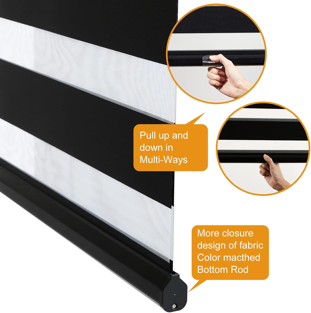 Persilux Cordless Zebra Blinds for Windows Free-Stop Roller Windows Shades (46" W X 72" H, Black) Dual Layer Light Control for Day and Night, Light Filtering Sheer Shades for Home, Easy to Install