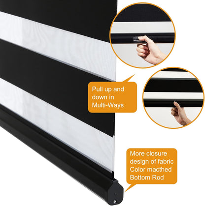 Persilux Cordless Zebra Blinds for Windows Free-Stop Roller Windows Shades (46" W X 72" H, Black) Dual Layer Light Control for Day and Night, Light Filtering Sheer Shades for Home, Easy to Install