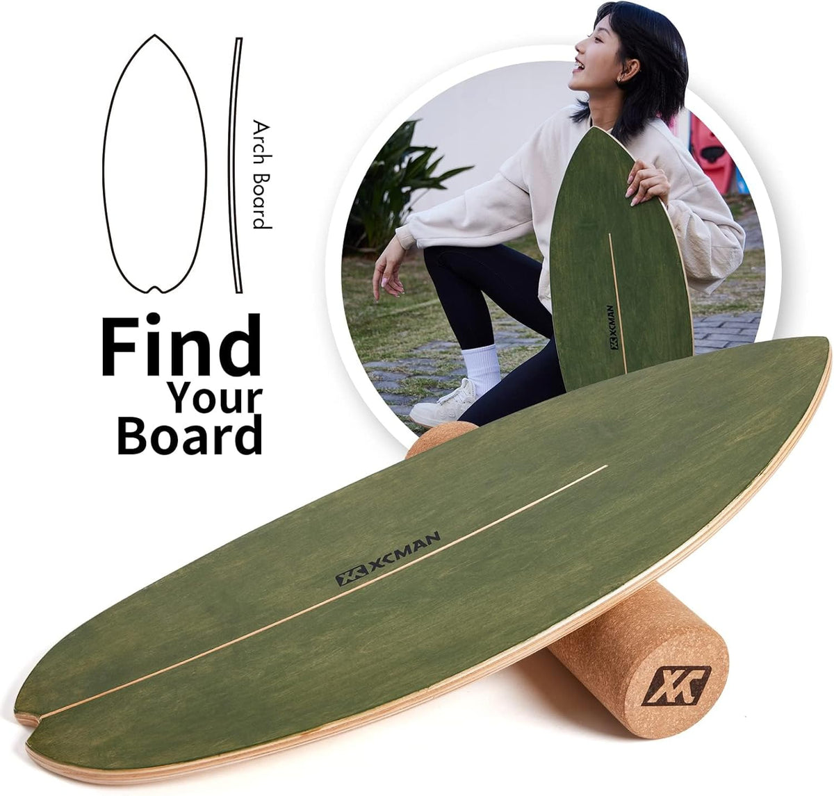 XCMAN Surf Balance Board Trainer with Roller Wooden Exercise Balancing Stability Trainer - Non Slip Surface for Adults Kids|Balance Board for Surfing,Snowboarding,Skateboarding,Hockey,Yoga Training