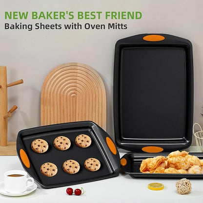 5-Piece Nonstick Baking Pans Set - Premium Carbon Steel Bakeware with PFOA/PFOS/PTFE-Free Coating, Red Silicone Handles (Black Orange)