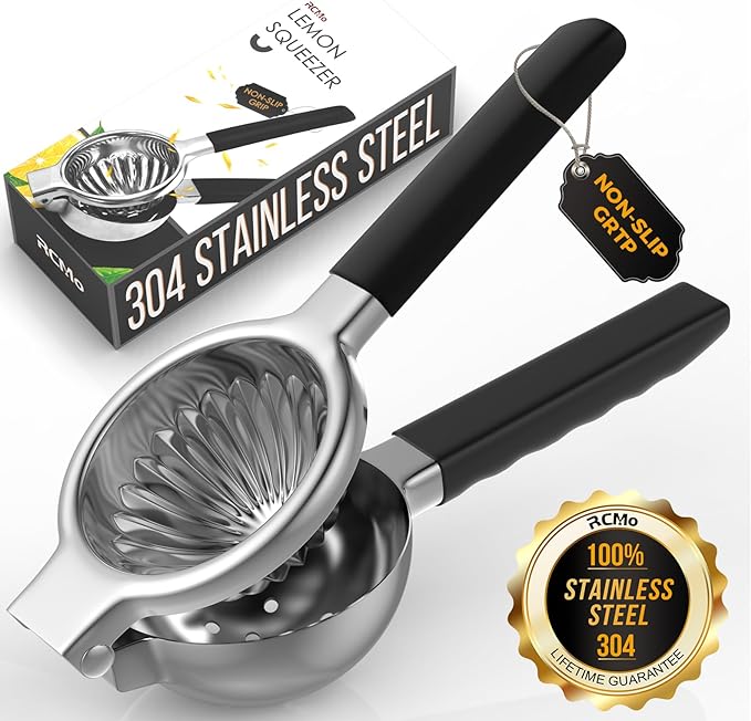 Stainless Steel Lemon Squeezer - Metal Citrus Juicer - Lime Lemon and Fruit Juicer with Silicone Handles - Large Manual Citrus Press Juicer - Hand Held Squeezer - Ergonomic Design with Solid