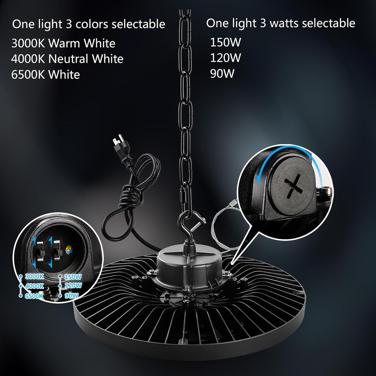 UFO High Bay Light,150W LED Shop Lights,3000K 4000K 6500K LED Garage Light with US Plug Cord, 0-10V Dimmable,Commercial Bay Lighting for Gym Factory Warehouse Barn